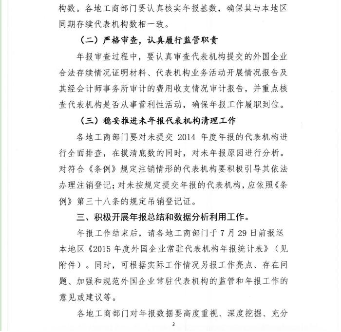 工商企監(jiān)字〔2016〕7號《關(guān)于做好2015年度外國企業(yè)常駐代表機(jī)構(gòu)年度報告工作的通知》3