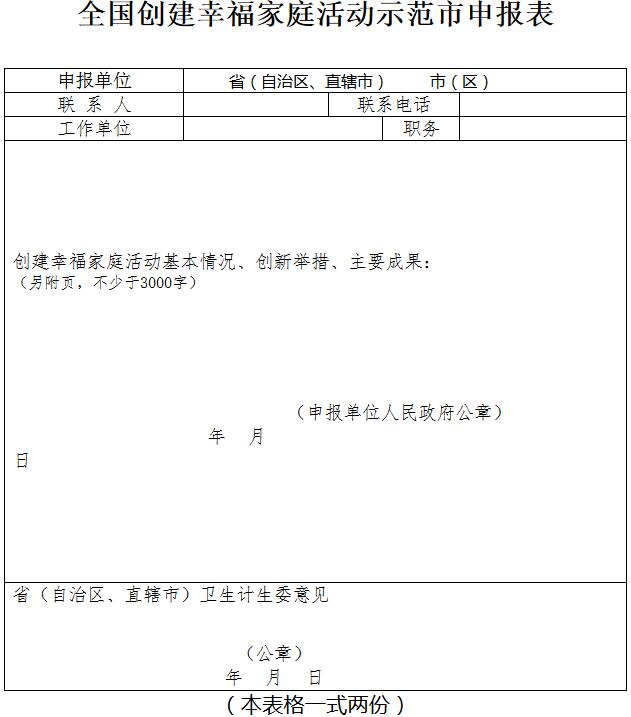 全國(guó)創(chuàng)建幸福家庭活動(dòng)示范市申報(bào)表