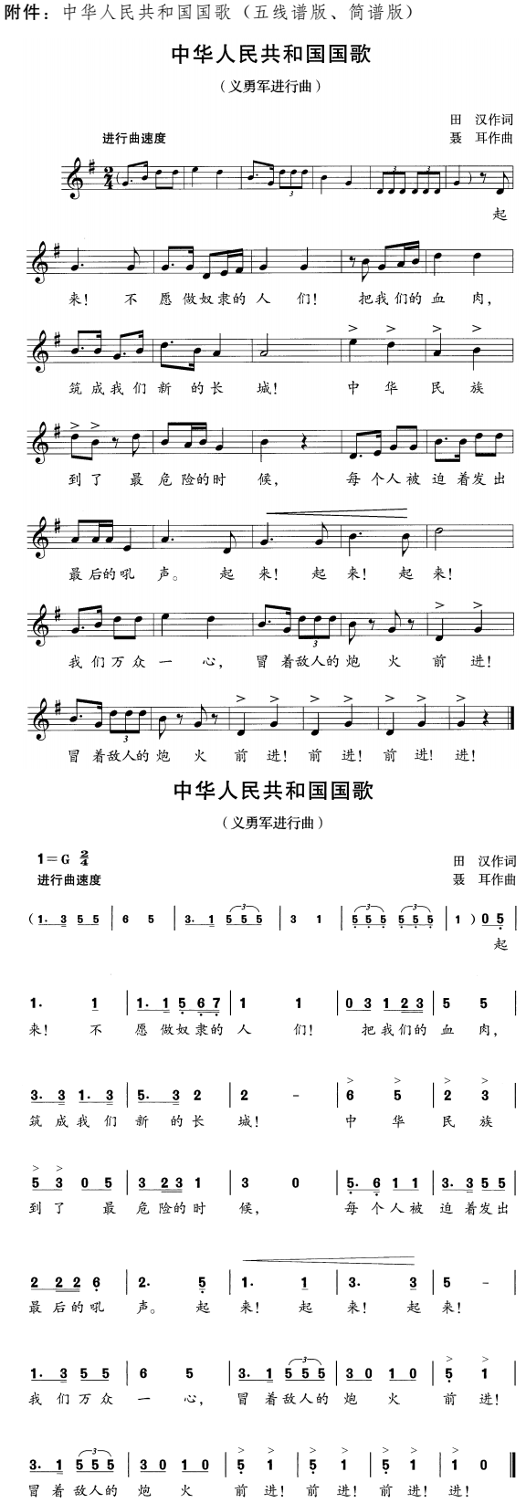 中華人民共和國國歌（五線譜版、簡譜版）