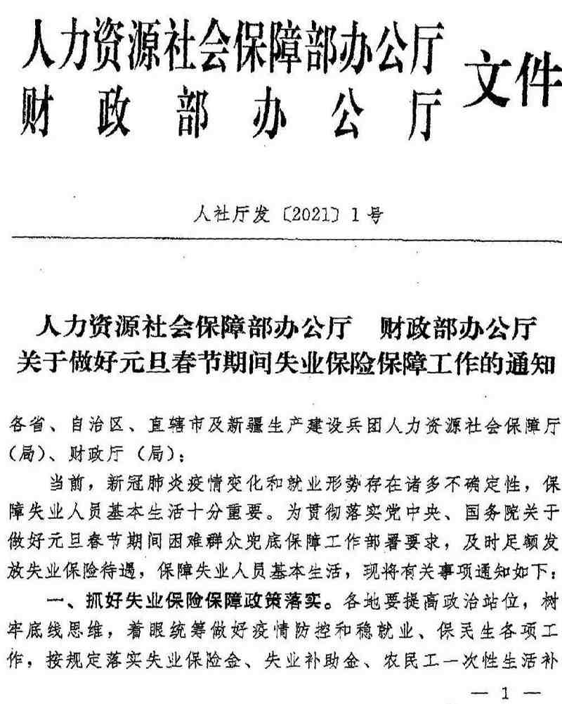 人社廳發(fā)〔2021〕1號《人力資源社會保障部辦公廳財(cái)政部辦公廳關(guān)于做好元旦春節(jié)期間失業(yè)保險(xiǎn)保障工作的通知》（1）